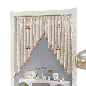 French pastoral lace door curtain half curtain with cherry pendants and elegant arc design.
