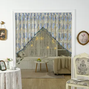 French vintage lace door curtain short partition embroidered floral sheer curtain for entryway bedroom.