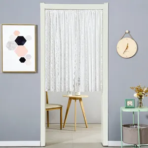 French luxury white lace door curtain detail, elegant bedroom partition hanging net fabric.