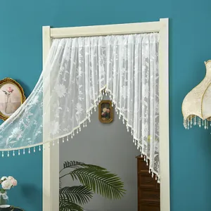 Korean white lace short door curtain with floral pattern and cute bead fringe for home decor.