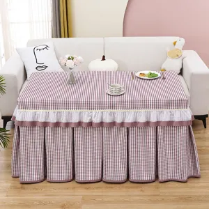 Square table cover mahjong machine dust cover cozy checkered design with ruffled hem decor