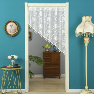 Korean style white lace sheer half curtain with floral embroidery and tassels for door and window.