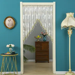 Korean style white lace half curtain door curtain with floral embroidery and beaded fringe