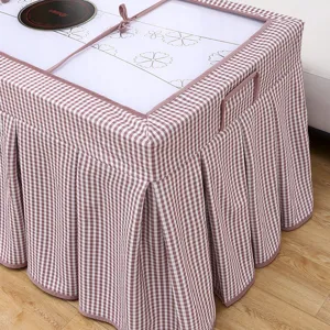 Pink checkered table cover for mahjong and heating tables with clear top window and skirt.