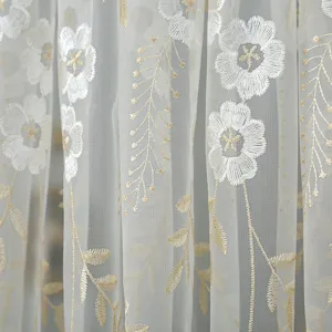 Korean style lace sheer curtain fabric detail shot, white flower embroidery for home decor.