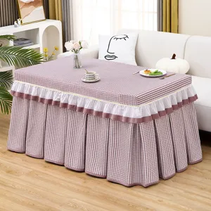 Detailed view of the plaid heating table cover with elegant ruffles, soft velvet fabric for all seasons.