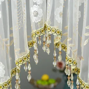 Korean style sheer lace curtain with floral embroidery and crystal bead trim for home decor.