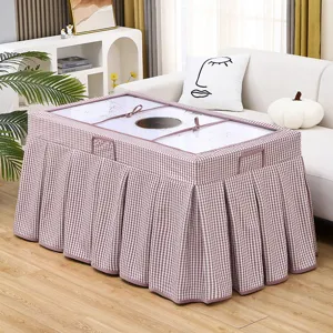 Pink plaid heating table cover, mahjong machine dust cover, square fleece coffee table protector.