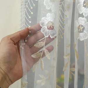 Korean lace sheer curtain detail view, white embroidered floral pattern, translucent fabric.