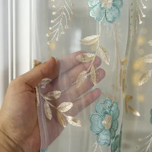 Detailed view of French floral embroidered mesh short curtain showing sheer fabric and delicate craft.