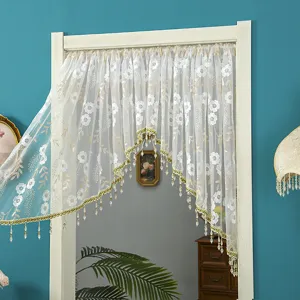 Korean style white lace half curtain scene detail showing floral embroidery and delicate beaded fringe.