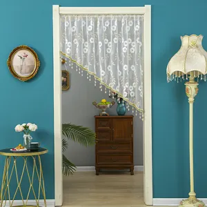 Korean lace half curtain detail showing floral embroidery and beaded tassel trim for home.