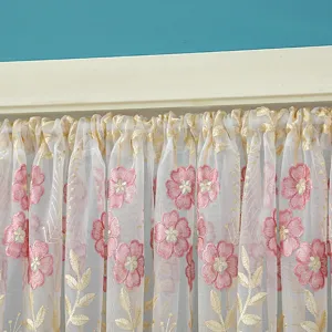Korean style lace short curtain detail, white sheer fabric with pink floral and gold leaf embroidery.