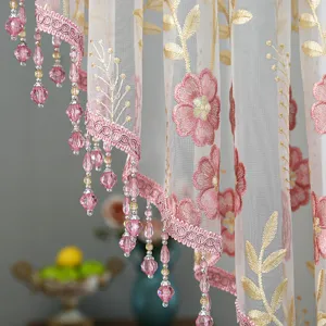 Korean style lace sheer curtain with pink floral embroidery and crystal bead fringe hanging.