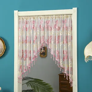 Korean style lace short curtain featuring pink floral embroidery and beads for home decor detail.