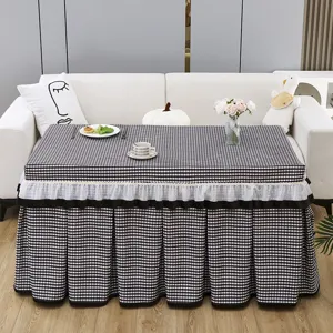 Black and white plaid table cover for mahjong machine and tea table with elegant lace skirt design.