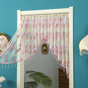 Korean style lace door curtain with pink floral embroidery and beaded fringe for home decor