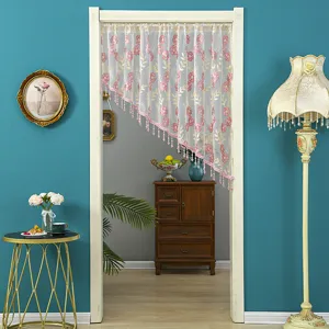 Korean lace door curtain detail view, sheer floral embroidered partition curtain for home room.