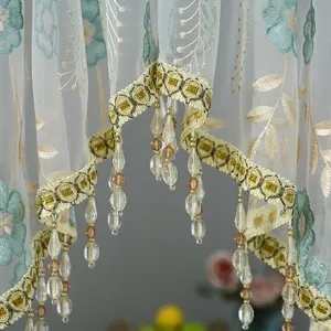 Korean lace short curtain sheer valance with floral embroidery and beaded fringe for home decor