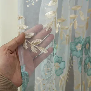Korean style lace sheer curtain detail, embroidered floral and leaf sheer gauze for home room.