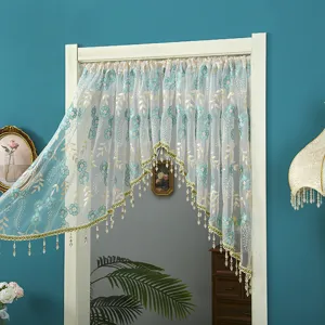 Korean lace half curtain with blue floral embroidery and beaded fringe for home decor.