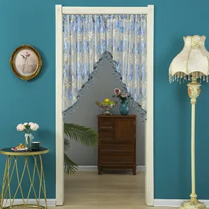 Korean style lace half curtain for doorway and window, elegant blue floral mesh design.
