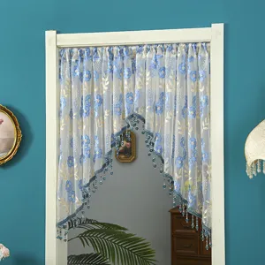 Korean lace short curtain with blue floral embroidery and beaded tassel fringe for room.