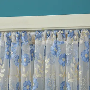 Korean lace half curtain sheer door curtain with blue flower embroidery for home room decor