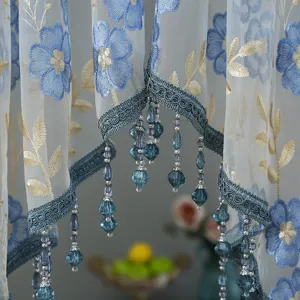 Korean lace short curtain with blue floral embroidery and crystal bead fringe, elegant.