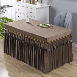 Braune gesteppte Tischabdeckung mit Rüschen, staubdichte Stofftischdecke für Esszimmer zu Hause.