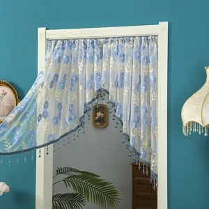Detailed view of Korean style lace door curtain with blue floral decor and beads fringe.