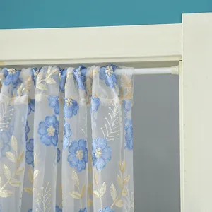 Korean style white sheer half curtain with blue embroidered flowers and gold leaf details.