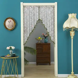 Korean style lace door curtain detail, floral embroidery sheer partition for home decor.