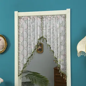 Detailed view of the Korean style lace door curtain with delicate floral embroidery and beads.