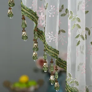 Korean lace sheer curtain detail, floral embroidery and green beaded fringe for home decor.