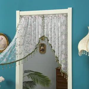 Korean lace half curtain for door and window with floral embroidery and beaded fringe decor.