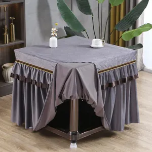 Graue Stofftischdecke mit braunen Rüschen, elegante Heimdeko Staubschutzhaube für Tische.