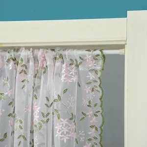 Korean style sheer lace short curtain detail, embroidered pink flowers with green edges.