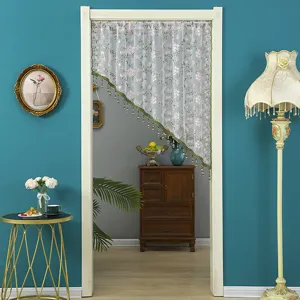 Korean style lace half curtain with floral embroidery and hanging beads for room decoration.