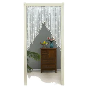 Korean style white lace door curtain partition curtain with floral embroidery and tassels.