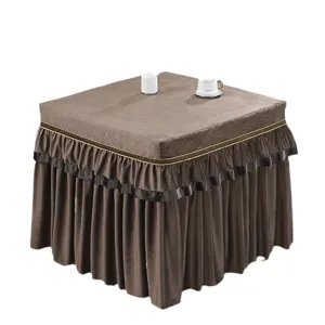 Quadratische Heiztischabdeckung brauner Stoff Tischtuch elegantes Rüschen Design staubdicht neu