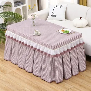 Pink checkered table cover for square table mahjong machine cover with lace ruffle skirt.