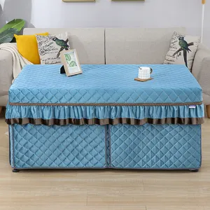 Winter thickened heating table cover, blue quilted rectangle fabric cloth for home living.