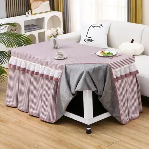 Square heated table cover plaid thermal velvet tablecloth with ruffle edge for winter home decor