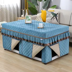 Thickened winter heating table cover blue velvet quilted design rectangular tea table cloth detail
