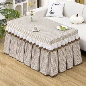 Plaid table cover with ruffles for heating table, square coffee table dust cover fabric.
