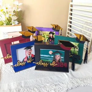 Set of colorful wooden graduation photo frames with class of 2024 gold text and tassels