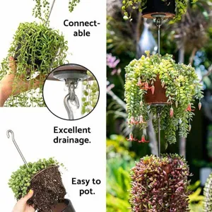 Ganci di collegamento per vasi di fiori sospesi verticali con dettagli di drenaggio