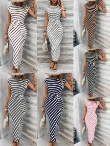 Women short sleeve round neck striped maxi dress with waist tie variant color collage detail.