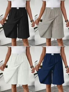 Detail view of women's casual wrap shorts, elastic waist and side pockets design, multi-color.